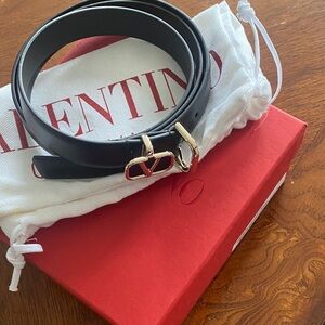 Valentino Garavani Women Black Leather Belt with Gold V Buckle Size M